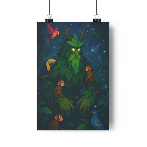 Poster forestier nuit singes oiseaux toucan perroquet arbres feuilles verte bleue étoiles mystérieuse sereine détaillée réaliste chambre salon