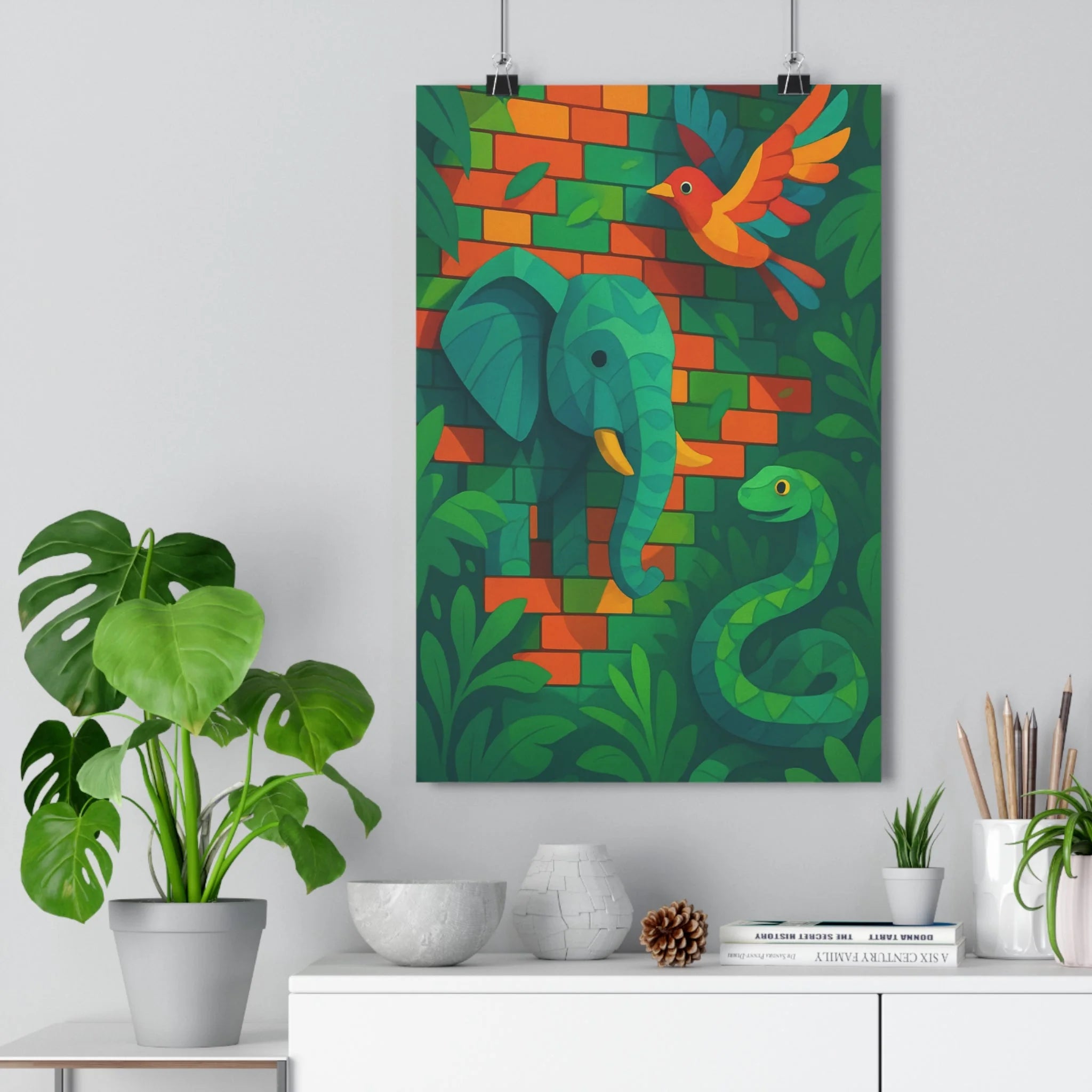 Poster décoratif vibrant éléphant serpent oiseau cartoon coloré joyeux salon chambre nature éclatant luxuriant