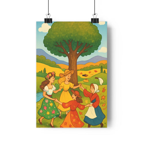 Poster féminin dance arbre champêtre robes floral collines champs fleurs ciel bleu nuages vert jaune rouge joyeux cartoon simple idyllique