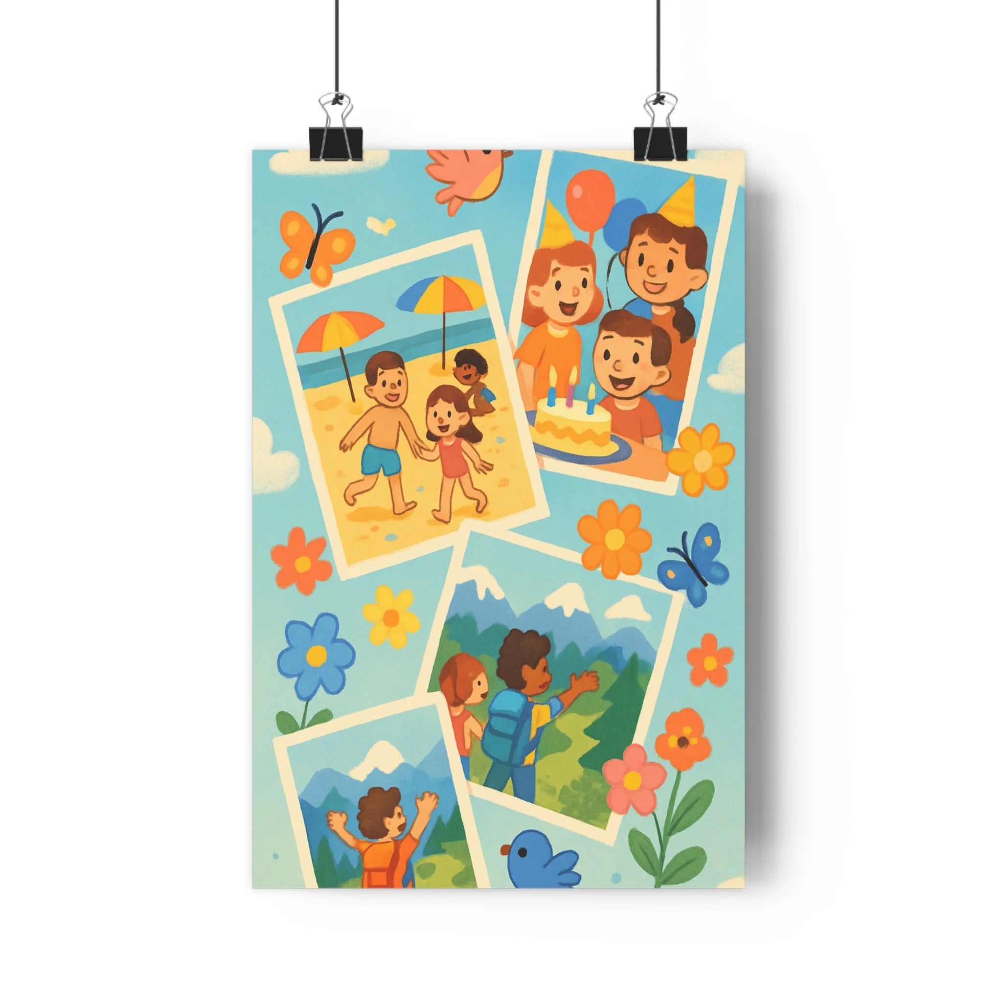 Poster décoratif dessin animé coloré enfants joyeux nature chambre fleurs oiseaux papillons nature aventure