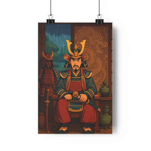 Poster samouraï armure epée nuit arbre pluie mystère bois vases tradition japon historique élégance sombre réaliste