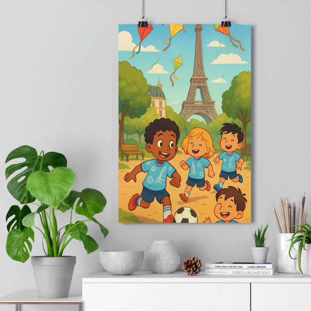 Poster décoratif cartoon enfant joyeux bleu pastel chambre rêveur football tour parc nuages qualité