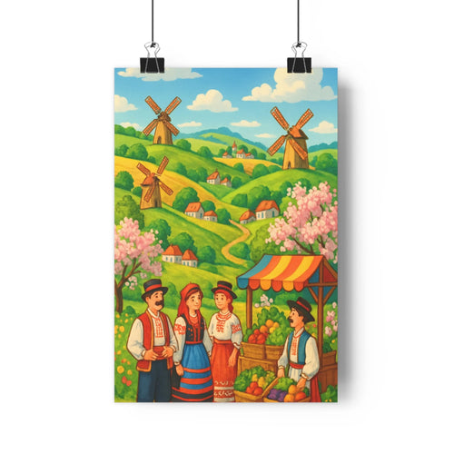 Poster paysage campagne personnages costumés fruits légumes moulins à vent maisons collines verdoyantes cerisiers en fleurs ciel bleu nuages blancs