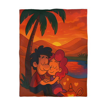 Housse de couette couple s’embrassant palmier couchersoleil rouge orange nuages sombres montagnes bleutées rivière paisible ambiance romantique apaisante style cartoon