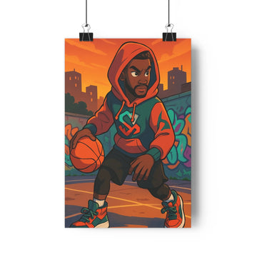 Poster joueur basketball sweat capuche ballon ville couchant graffiti orange rouge silhouette moderne dynamique chambre adolescente sportive