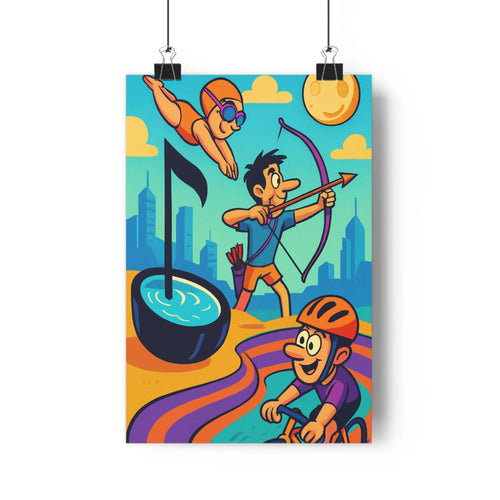 Poster olympique nageur archer cycliste ville gratte-ciels nuages bleu jaune vert noir cartoon dynamique joyeux sportif chambre bureau
