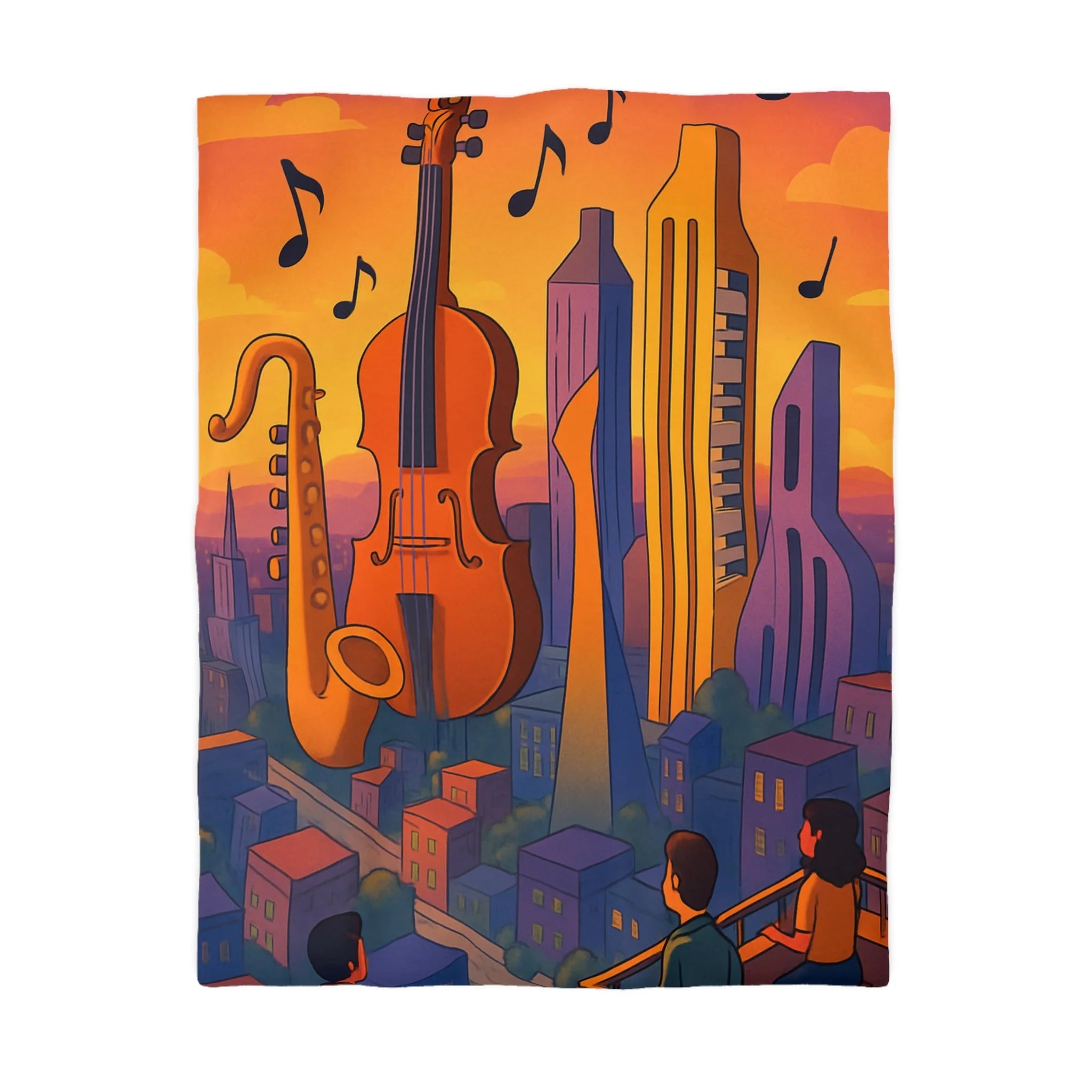 Housse de couette urbaine avec des instruments géants flottant au coucher de soleil vibrant
