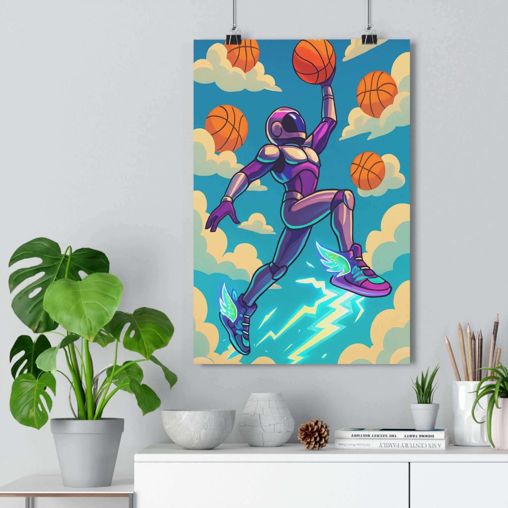 Poster décoratif futuriste basket joueur aérien bleu orange violet chambre dynamique moderne unique qualité