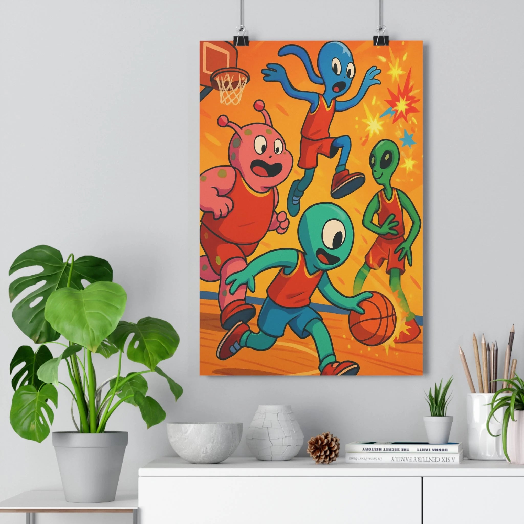 Poster décoratif futuriste basket orange rouge cartoon joyeux enfants chambre créatif extraterrestre dynamique éclatant