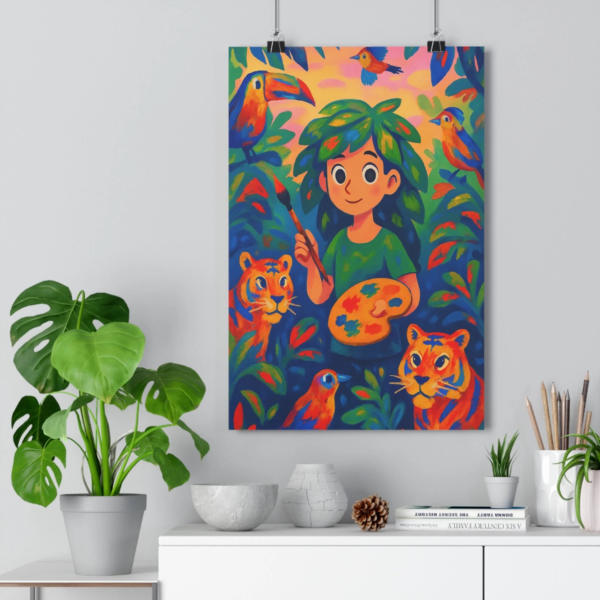 Poster décoratif jungle cartoon vibrant bleu orange vert salon chambre enfant art mural qualité