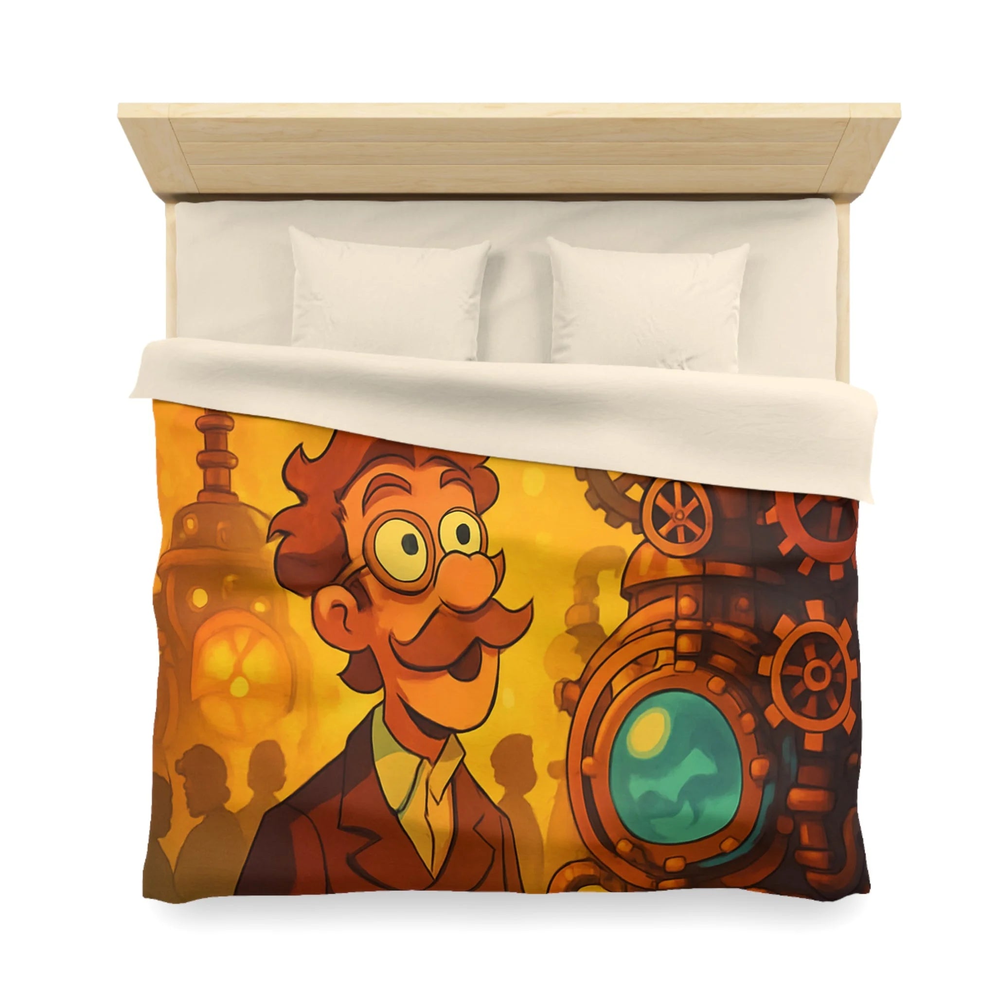 Housse de couette rétro steampunk avec inventeur et machine aux teintes cuivrées vives
