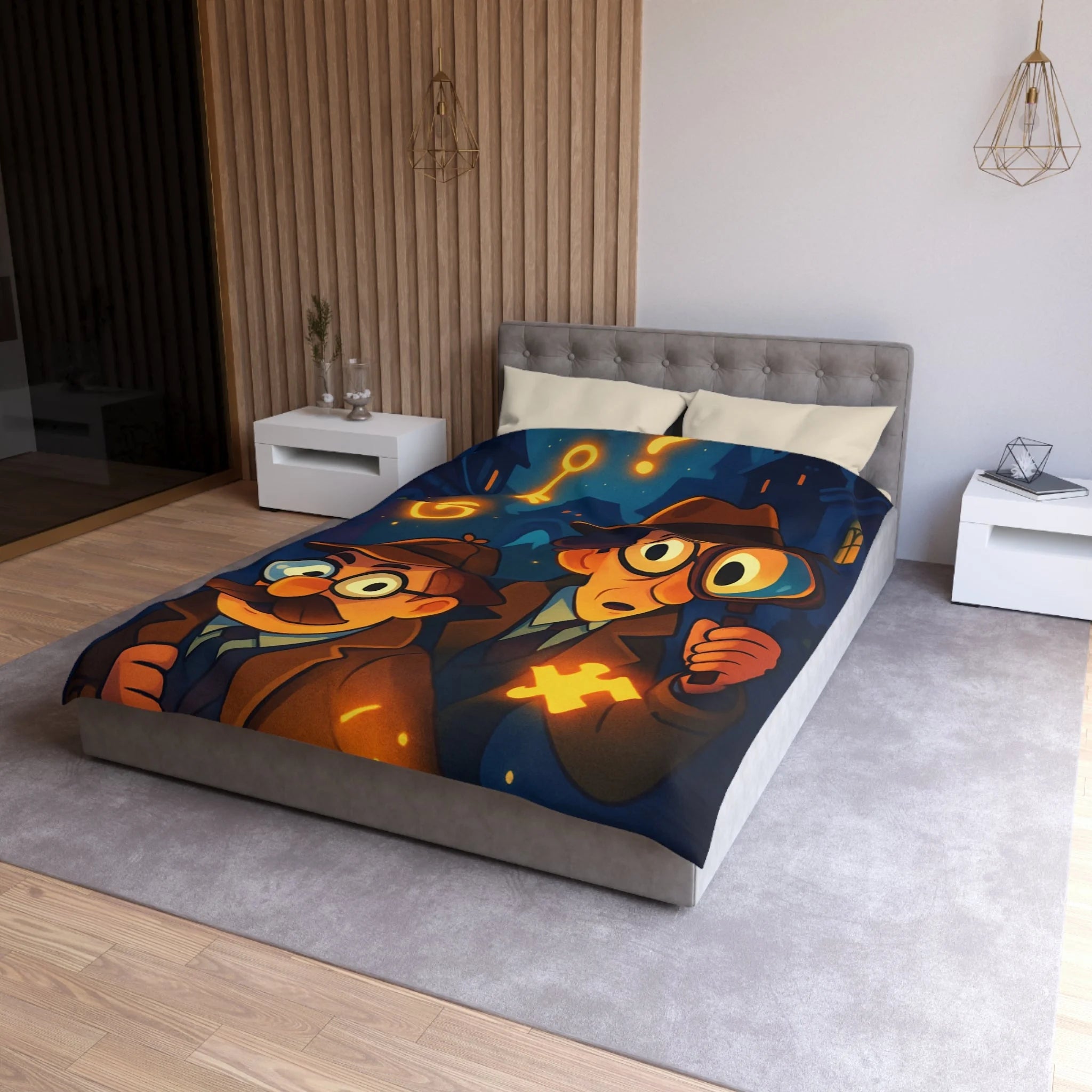Housse de couette mystérieuse avec détectives sous un ciel étoilé, lunettes et loupe