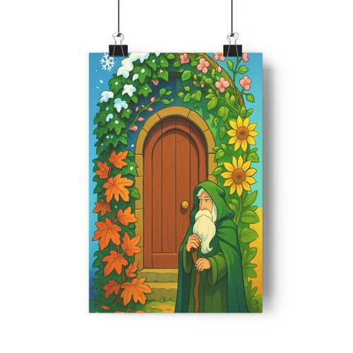 Poster mystique homme barbe robe verte bâton porte bois fleurs marguerites roses feuilles houx neige ambiance paisible vert marron style