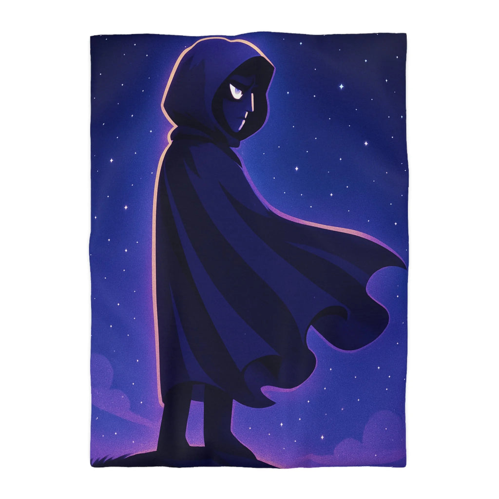 Housse de couette mystérieuse avec silhouette en cape sous un ciel étoilé magique