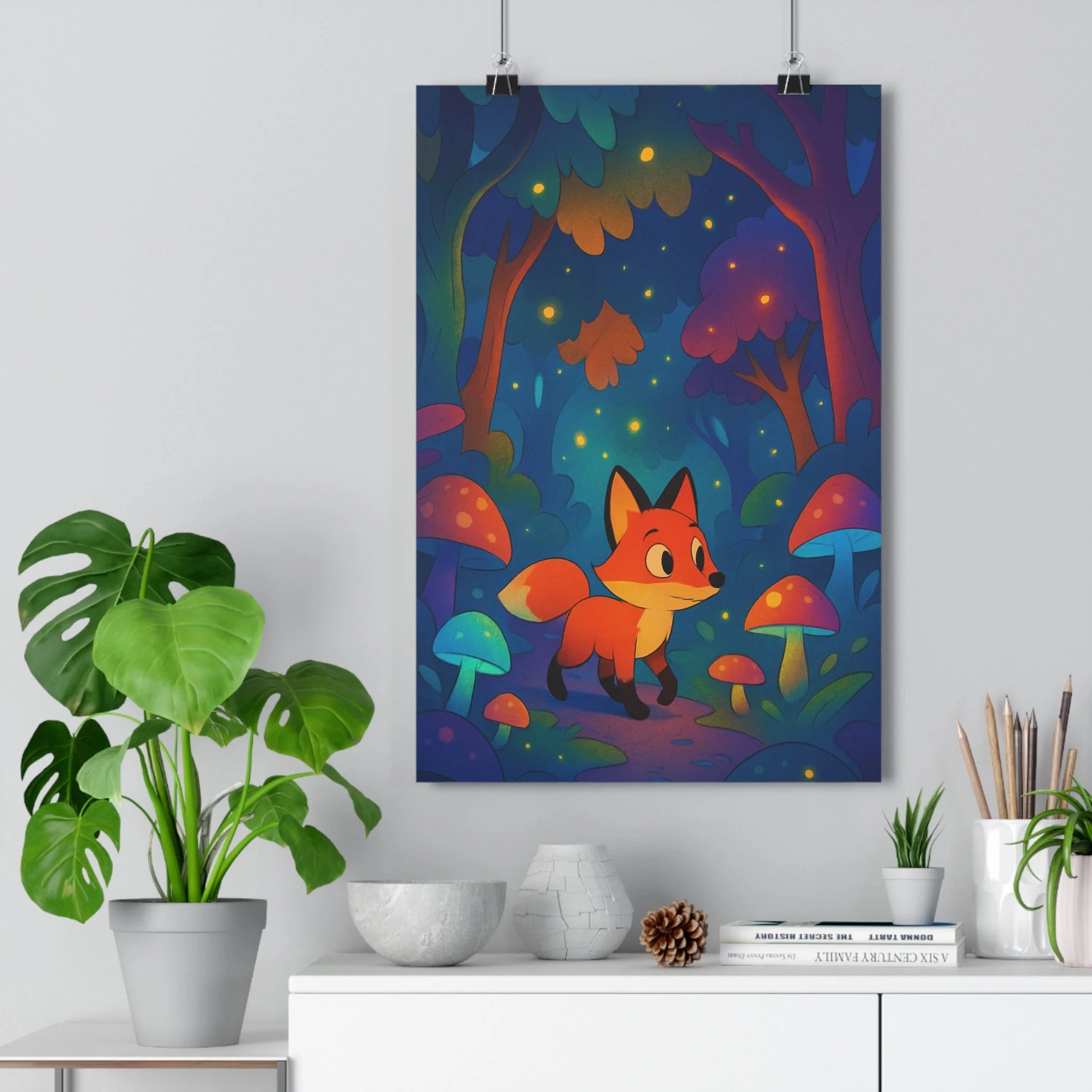 Poster décoratif féerique forêt enchantée renard coloré cartoon magique violet bleu chambre enfant qualité