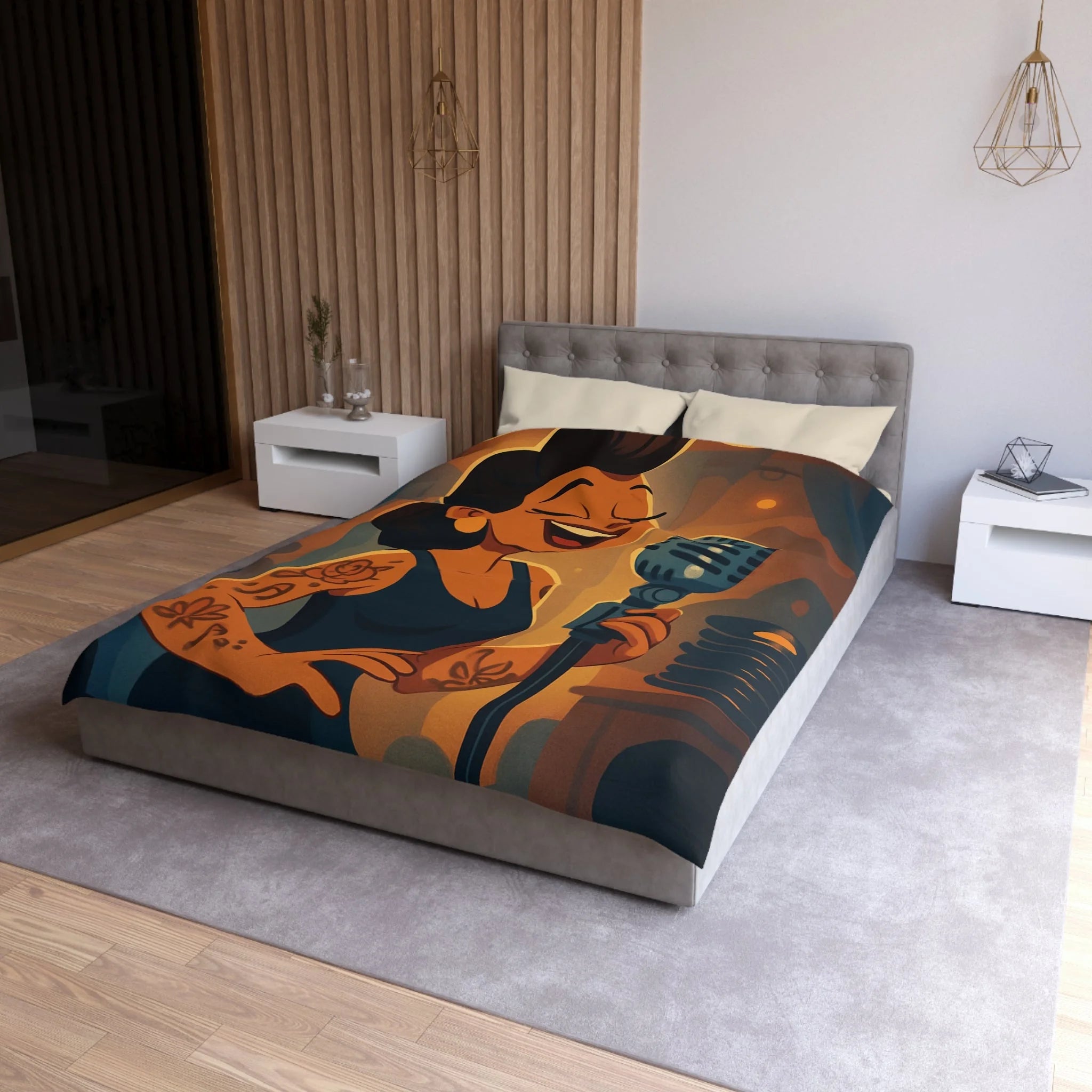 Housse de couette rétro avec chanteuse tatouée sous lumière vintage et micro classique
