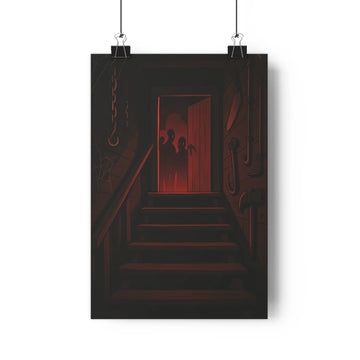 Poster décoratif cartoon suspense rouge noir chambre salon intrigue mystère design unique bois escalier