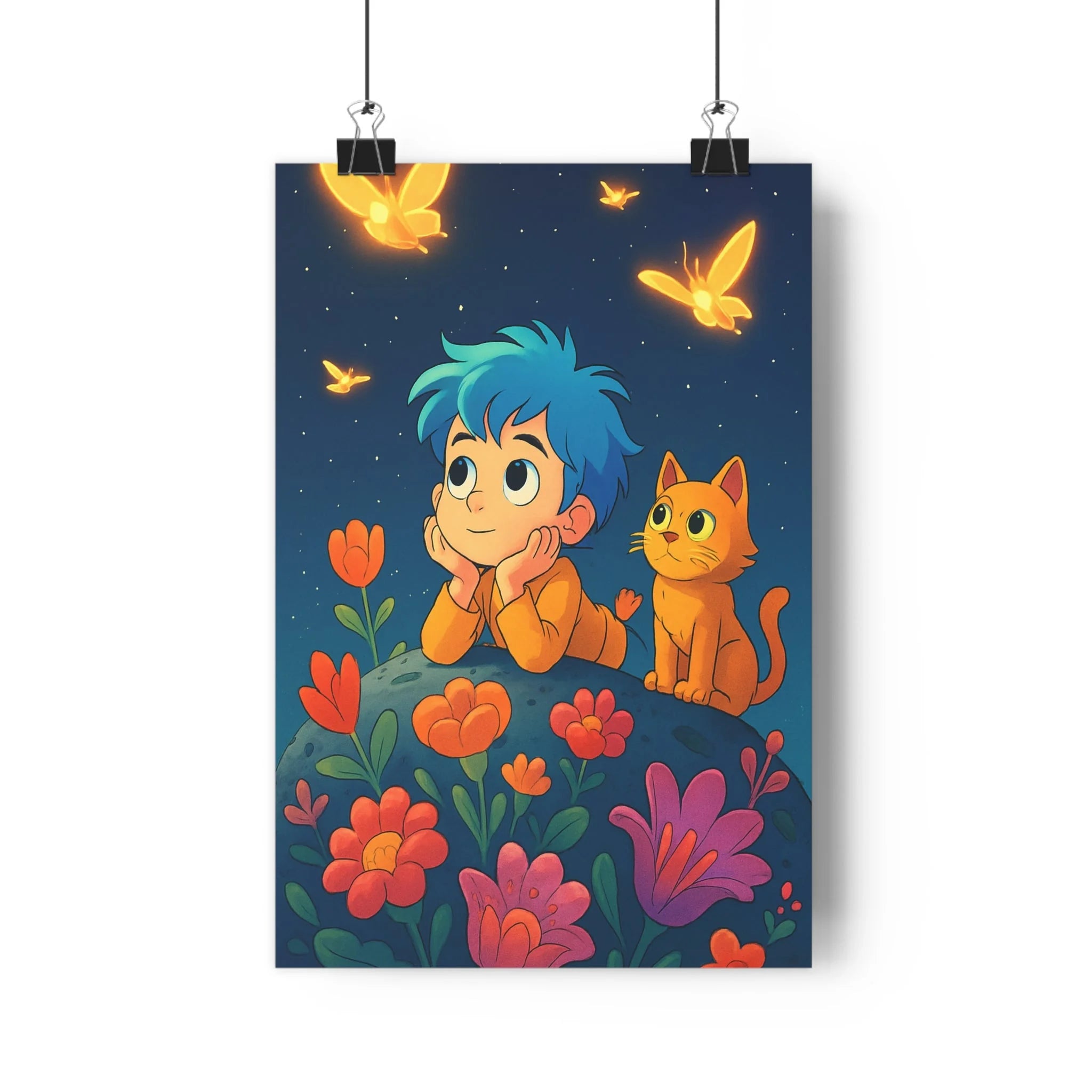 Poster décoratif animé cheveux bleus chat roux fleurs orange rose étoilé magique chambre enfant