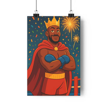 Poster homme couronné cape rouge bleu nuit confettis feux dartifice plante verte vase cône de pin étagère blanche ambiance festive