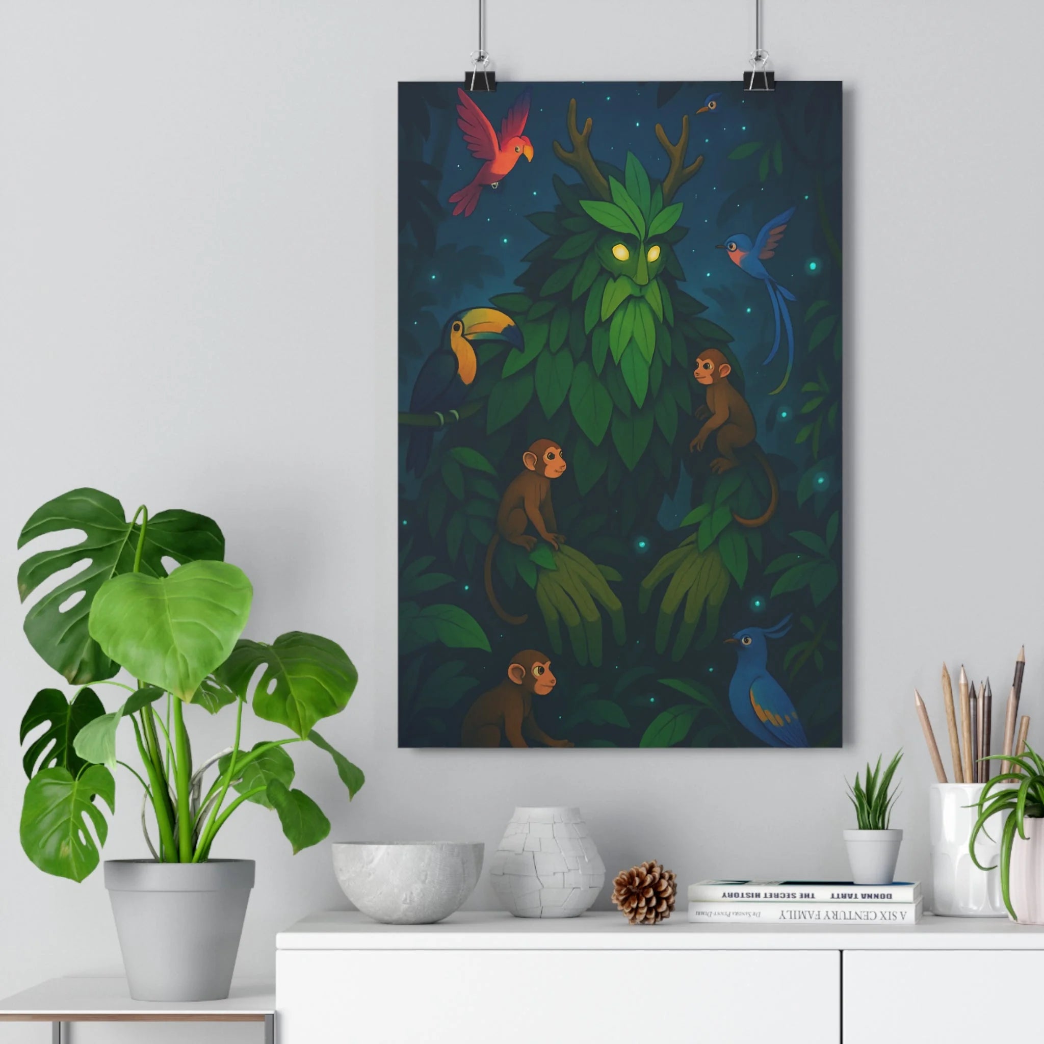 Poster décoratif cartoon vert marron mystique forêt enfant chambre ambiance magique créature singes oiseaux