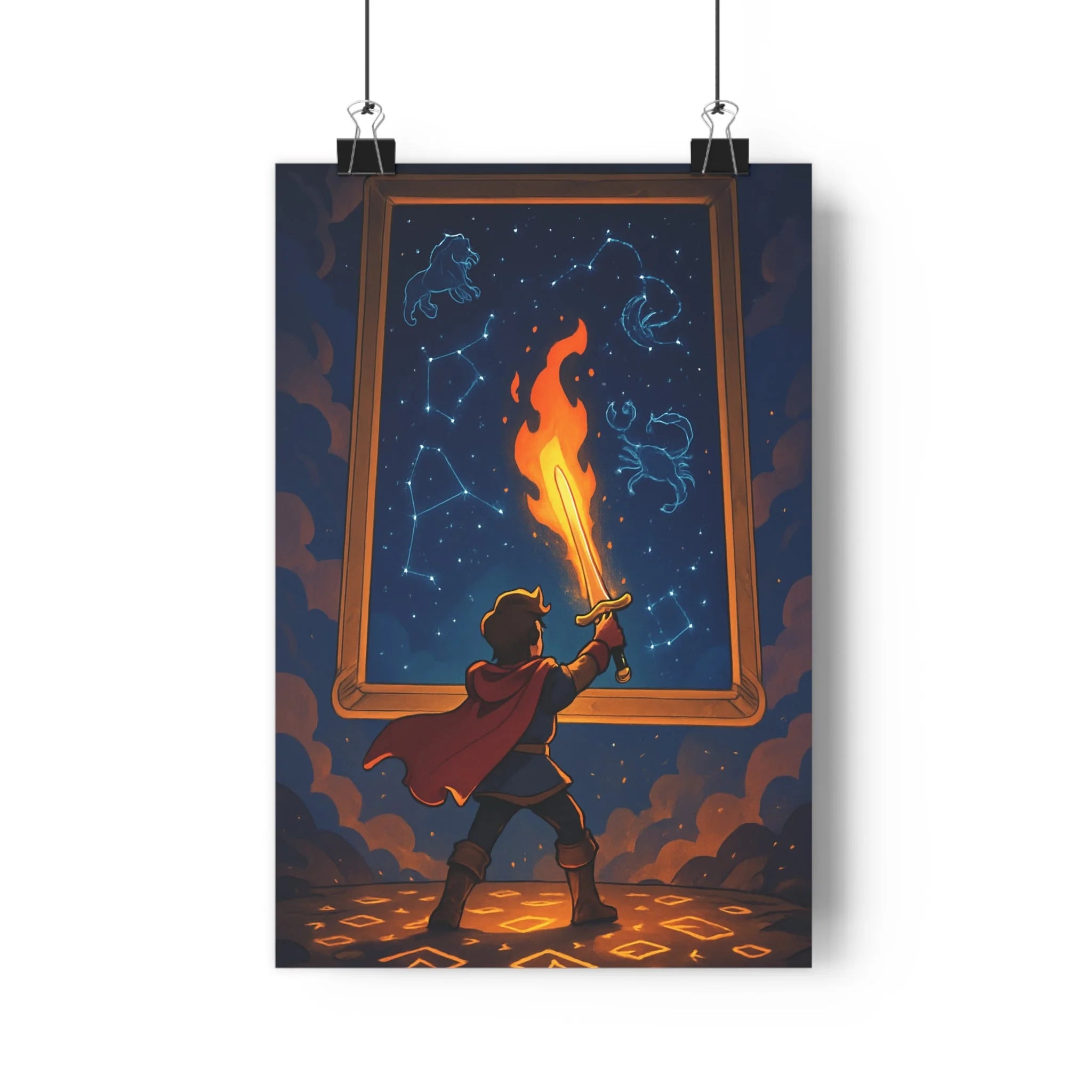 Poster décoratif épique rouge bleu aventure chambre enfant animation artistique magique épée céleste constellation