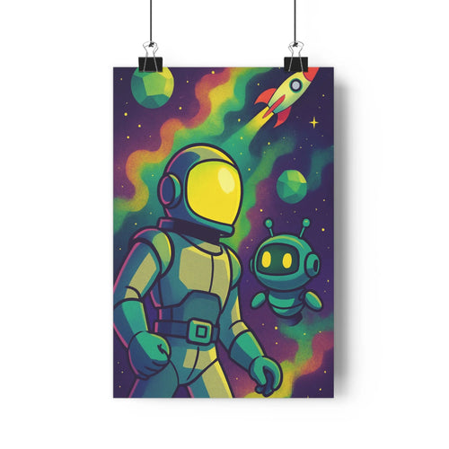 Poster astronaute robot espace coloré planètes fusée nuages lumineux plante verte étagère livres ambience futuriste moderne vibrant explorer spatial chambre