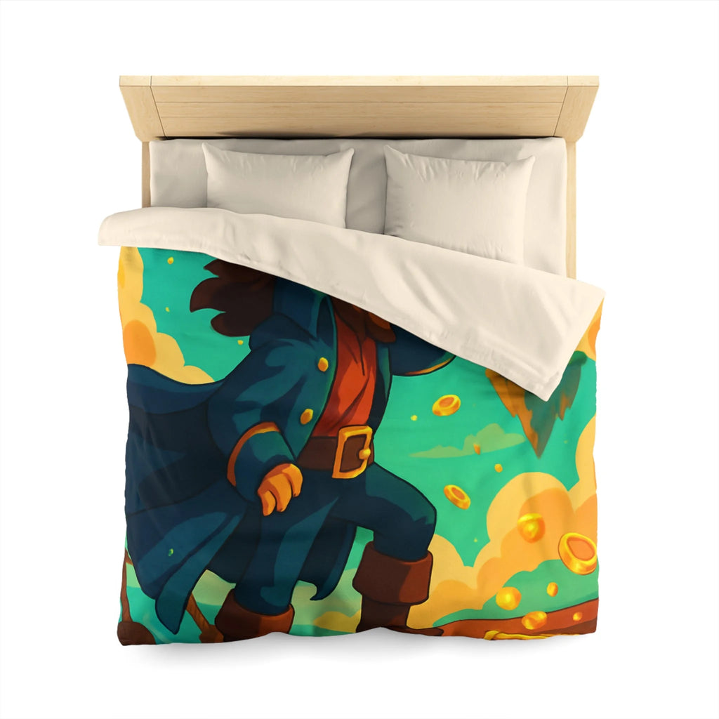 Housse de couette pirate vibrant bleu avec trésor doré et nuages flottants