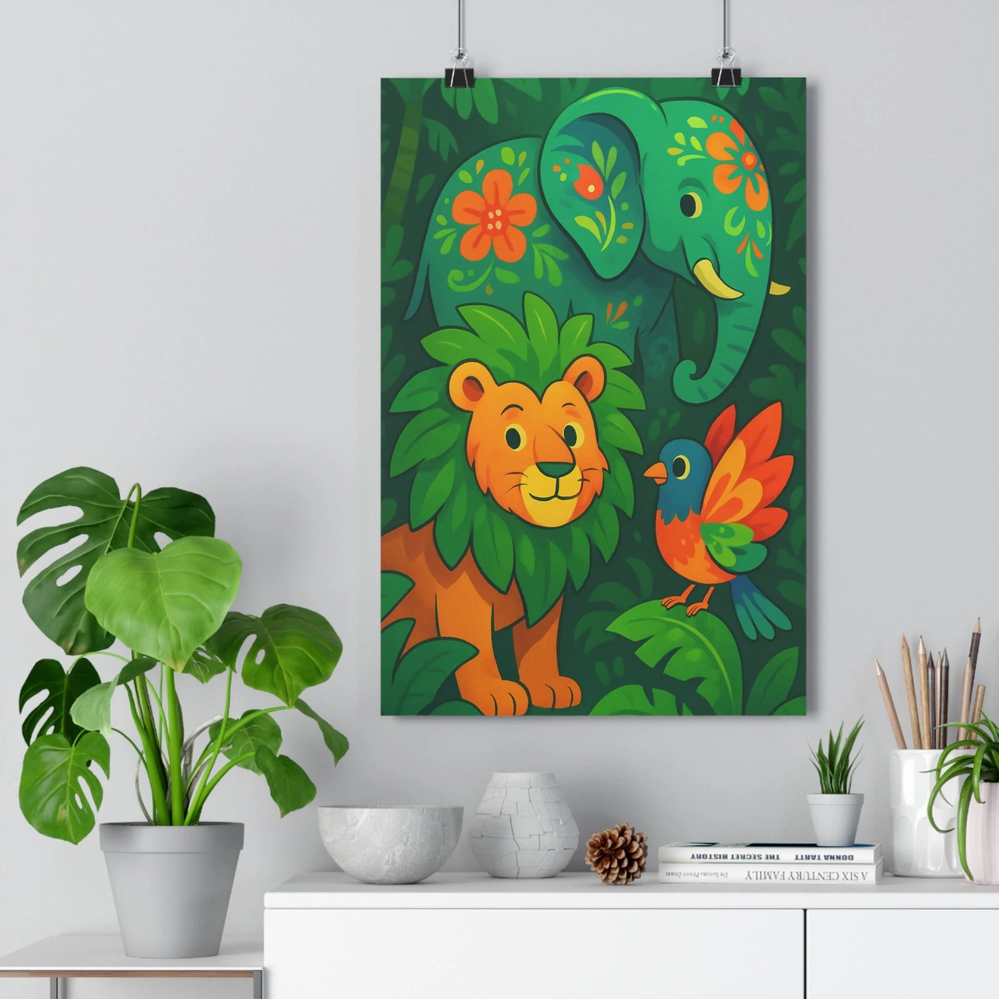 Poster décoratif enfant cartoon éléphant lion oiseau vert orange bleu joyeux chambre ludique 30x46