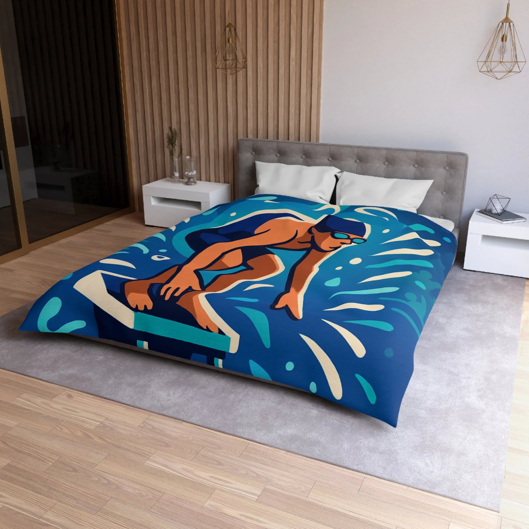 Housse de couette vibrante avec nageur prêt à plonger dans une piscine dynamique