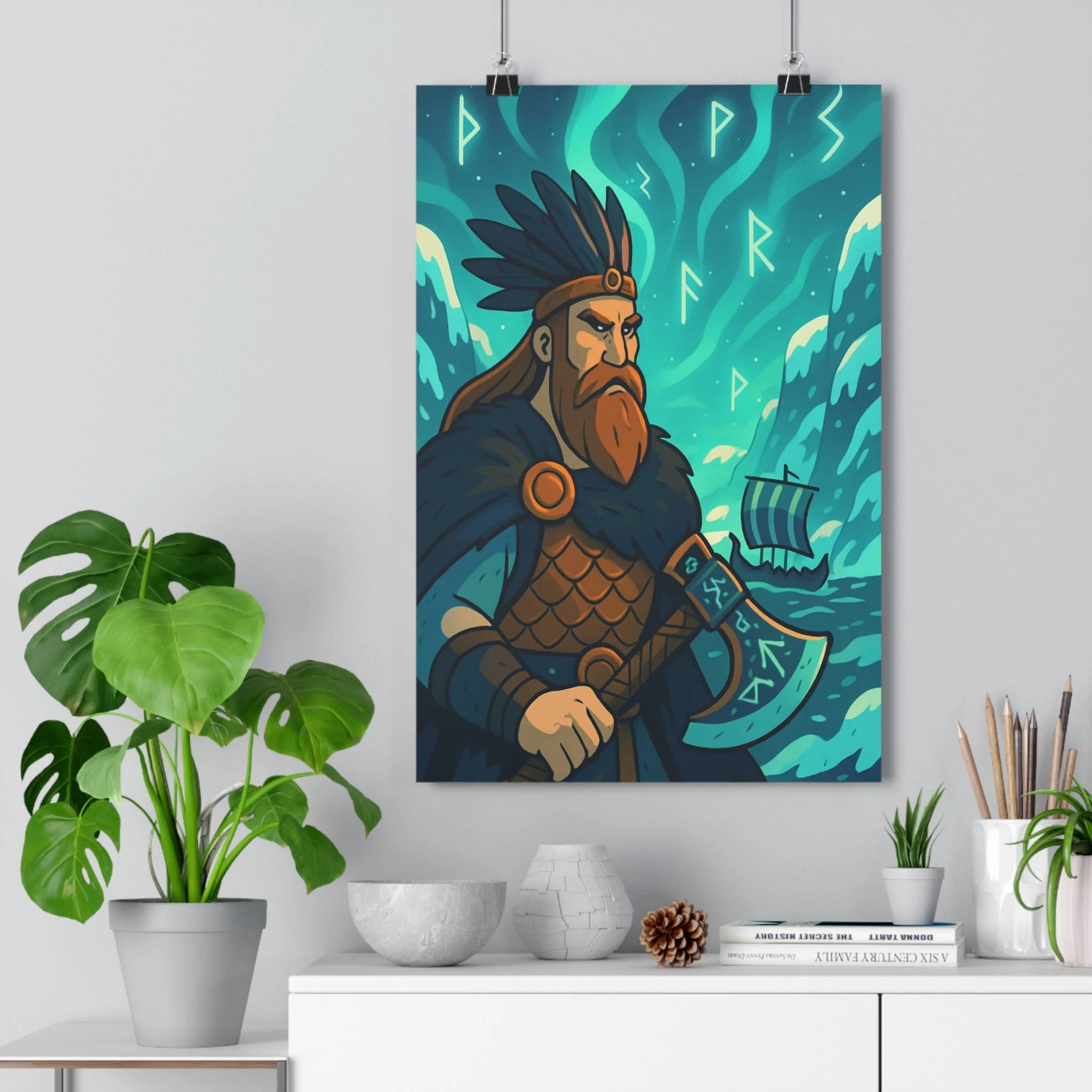 Poster décoratif épique guerrier nordique bleu vert mystique salon chambre bureau ambiance légendaire montagne