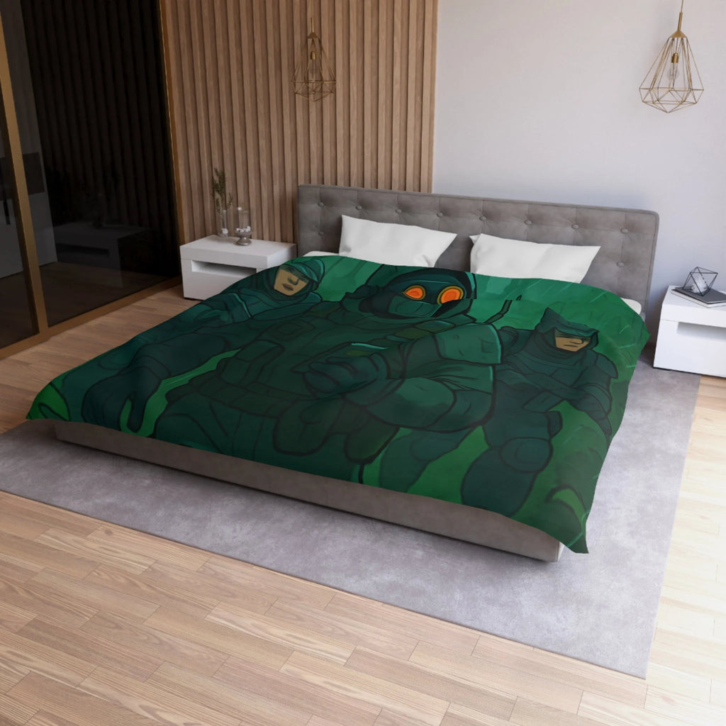 Housse de couette militaire style survie jungle avec soldats et hélicoptère en arrière-plan