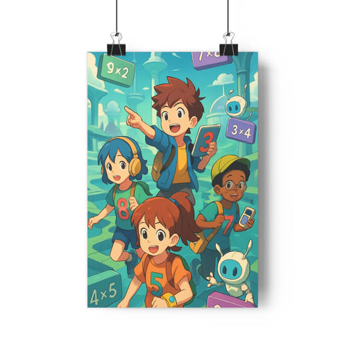 Poster enfants jouant chiffres flottants décor coloré ambiance joyeuse style cartoon expressions faciles multiplication ludique éducative chambre adolescente salon vibrant