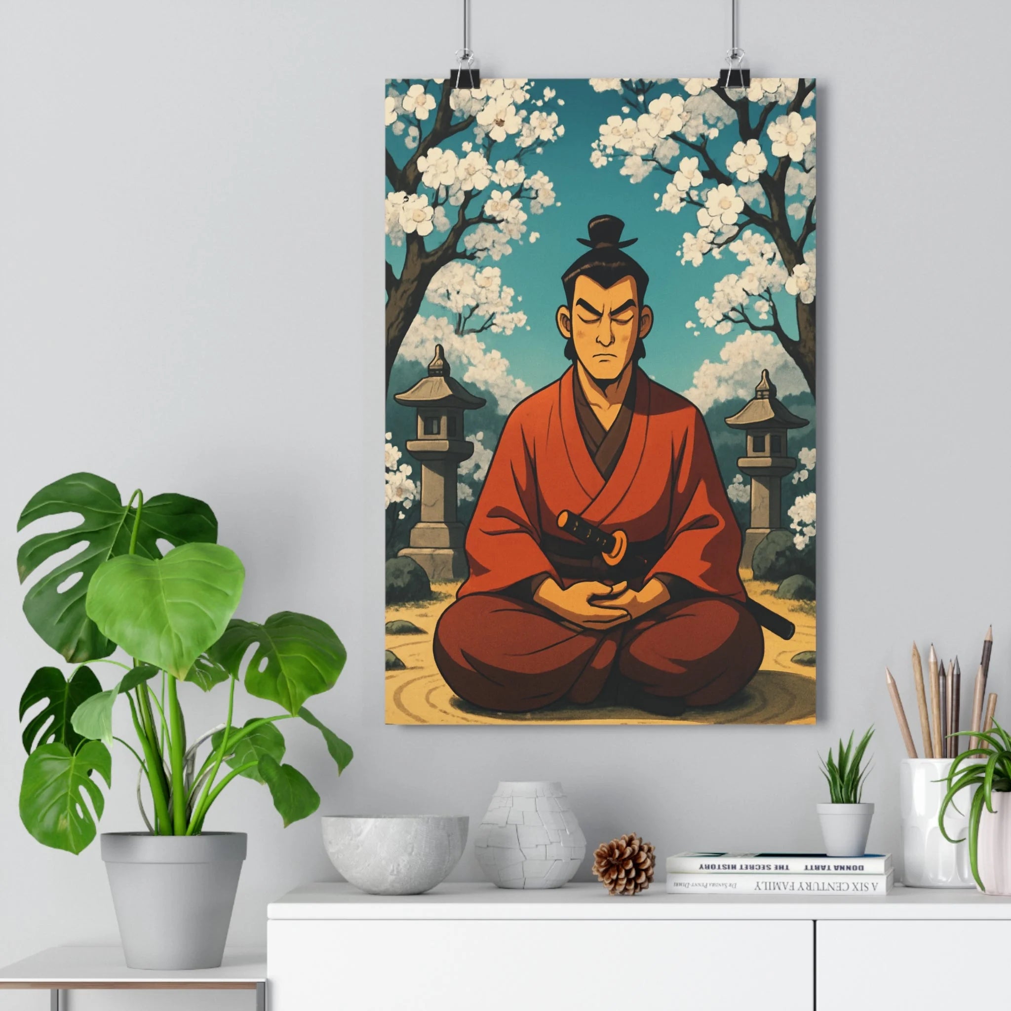 Poster décoratif samouraï rouge marron zen méditation jardin anime sérénité salon contemplation chambre unique