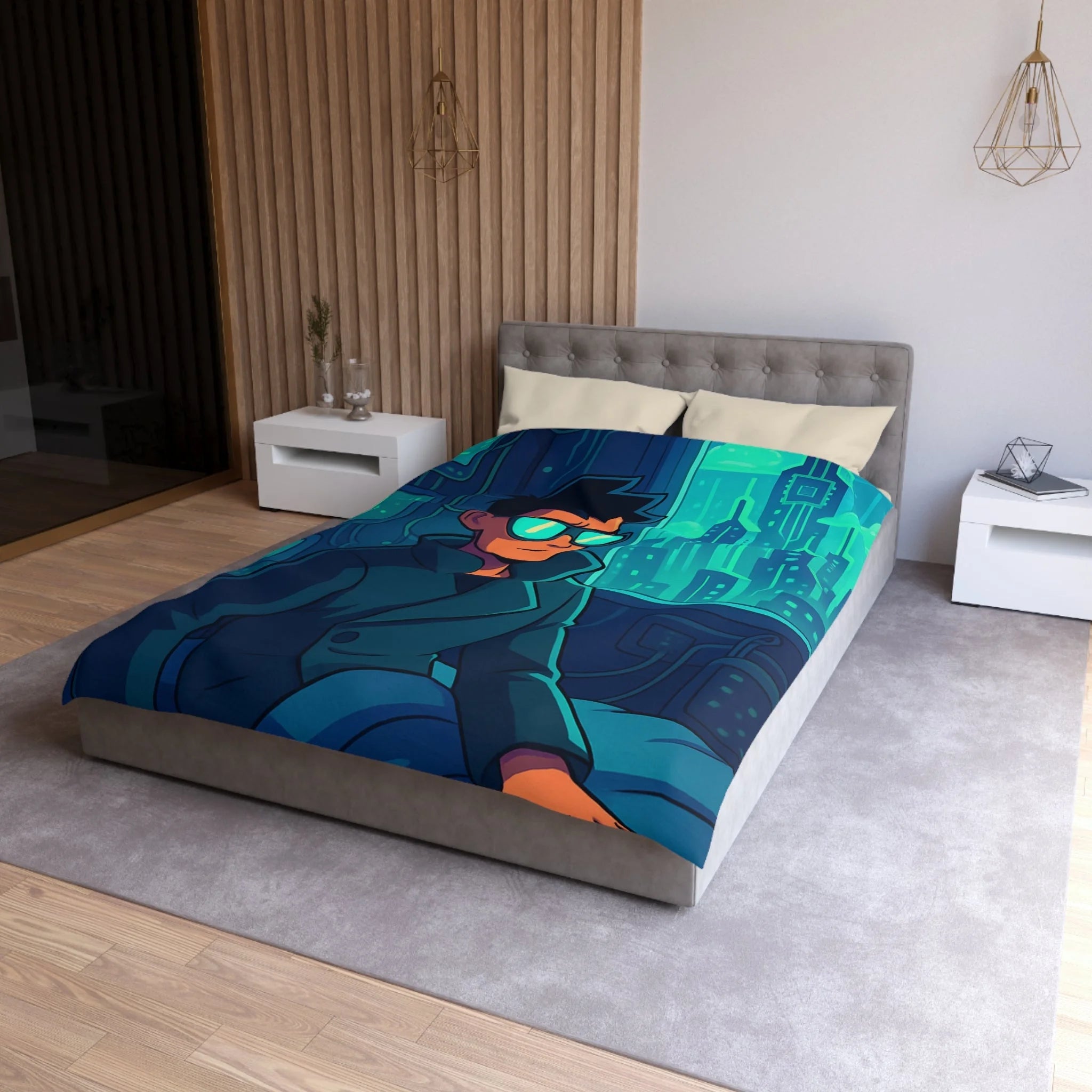 Housse de couette urbaine homme élégant en manteau dans appartement futuriste avec écran