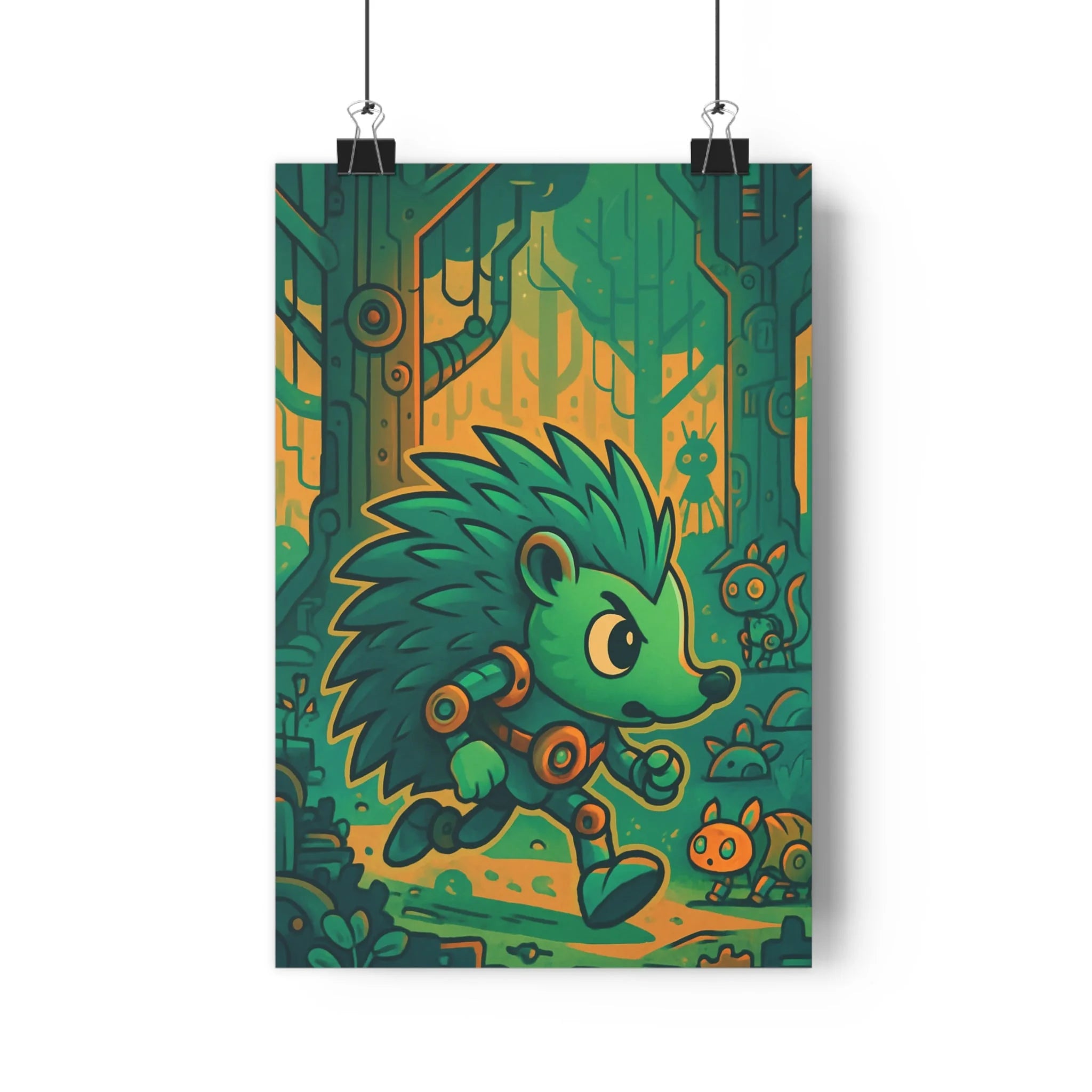 Poster décoratif cartoon hérisson mécanique forêt verte orange futuriste chambre enfant 30x46 dynamique original