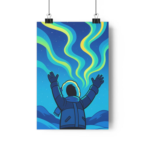 Poster bleu nuit étoiles nuages verts jaunes montagnes silhouette bras levés liberté contemplation moderne simple vibrant salon chambre