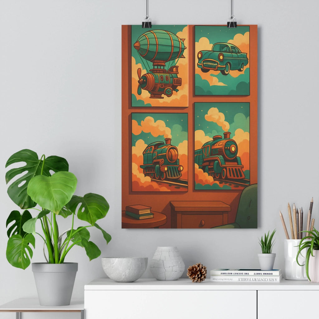 Poster décoratif steampunk turquoise orange rétrofuturiste nostalgique aventure salon bureau original 30x46cm dirigeable vintage