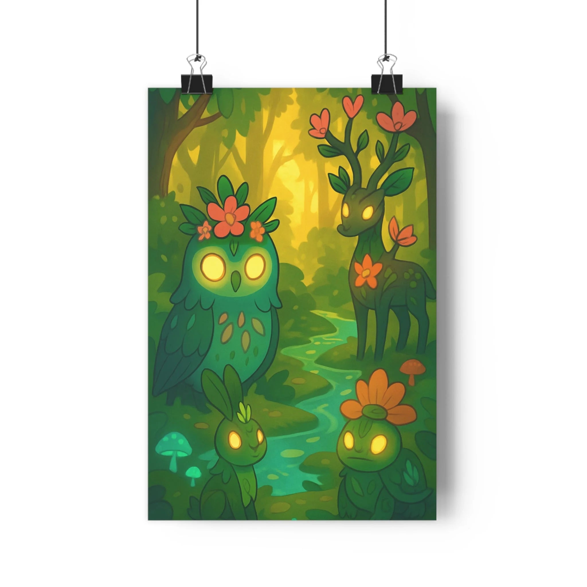 Poster décoratif cartoon vert jaune magique chambre enfant apaisante forêt animaux fleurs 30x46 cm