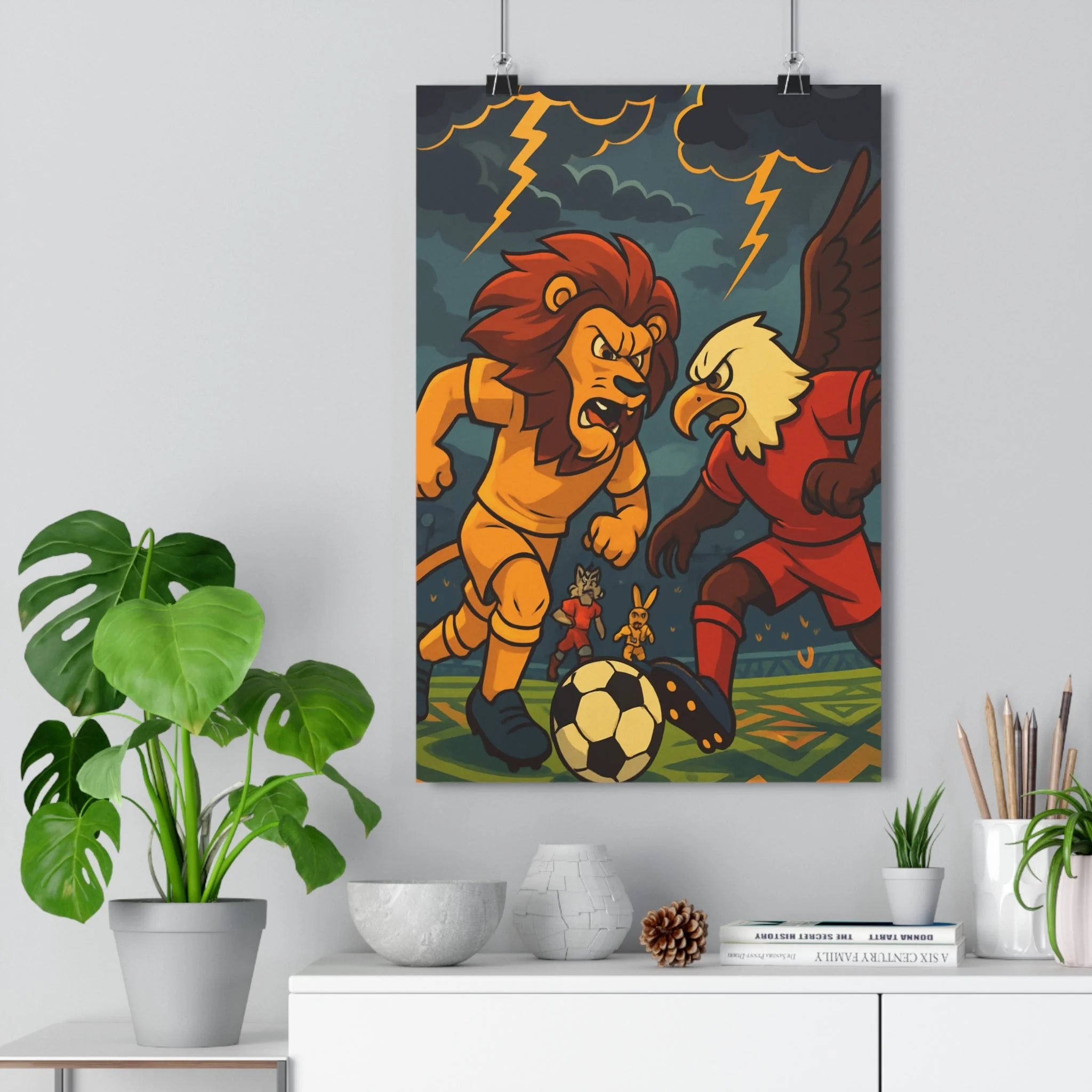 Poster décoratif cartoon jaune rouge dynamique énergique chambre enfant animal lion aigle dramatique intense