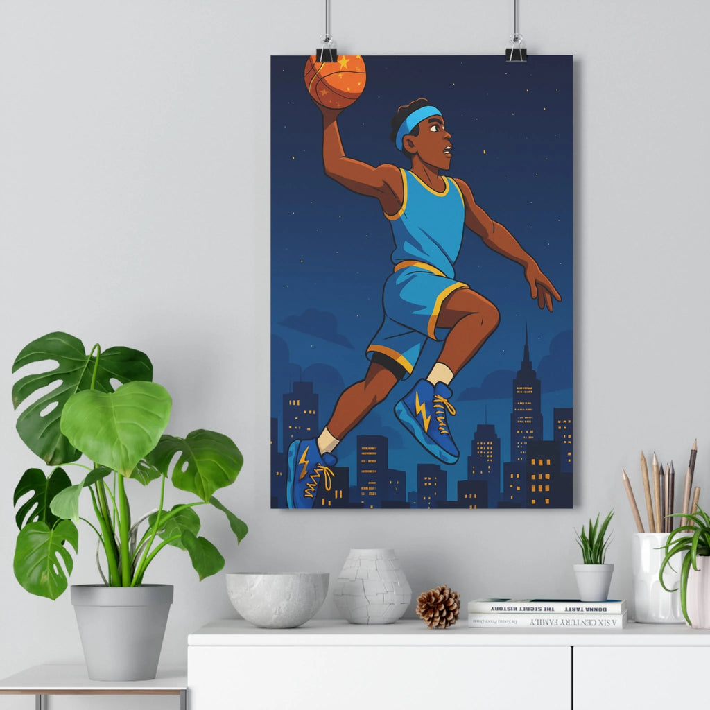 Poster décoratif moderne basketball athlète bleu orange cartoon nocturne vibrant chambre dynamique ville étoilé
