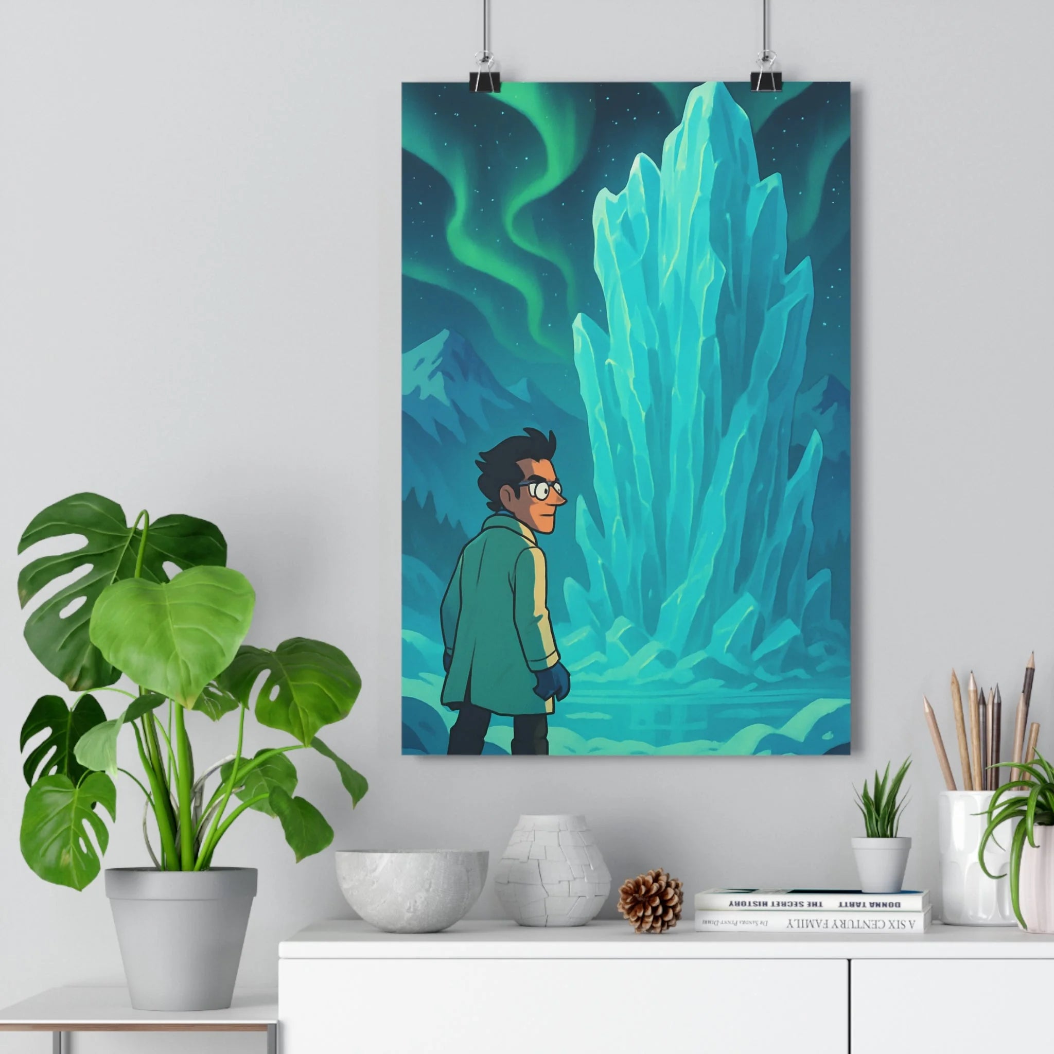 Poster décoratif aventure glaciale cartoon lumineux vibrant glacier mystérieux bureau chambre 30x46 aurores boréales