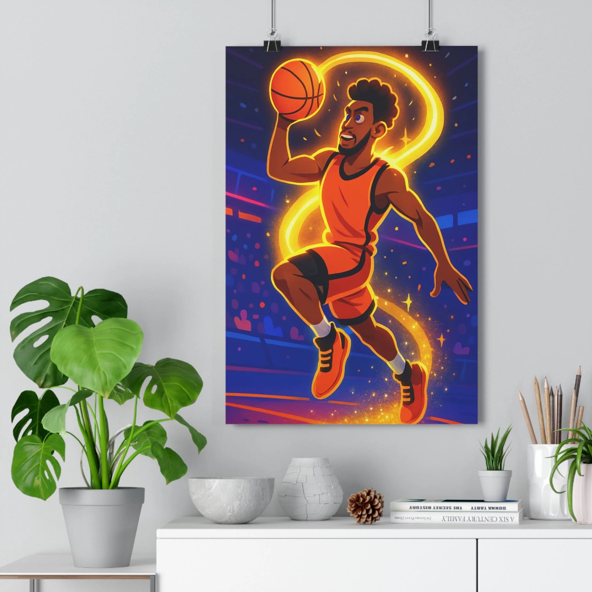 Poster décoratif vibrant basketball néon orange bleu cartoon chambre enfant dynamique 30x46 cm sport