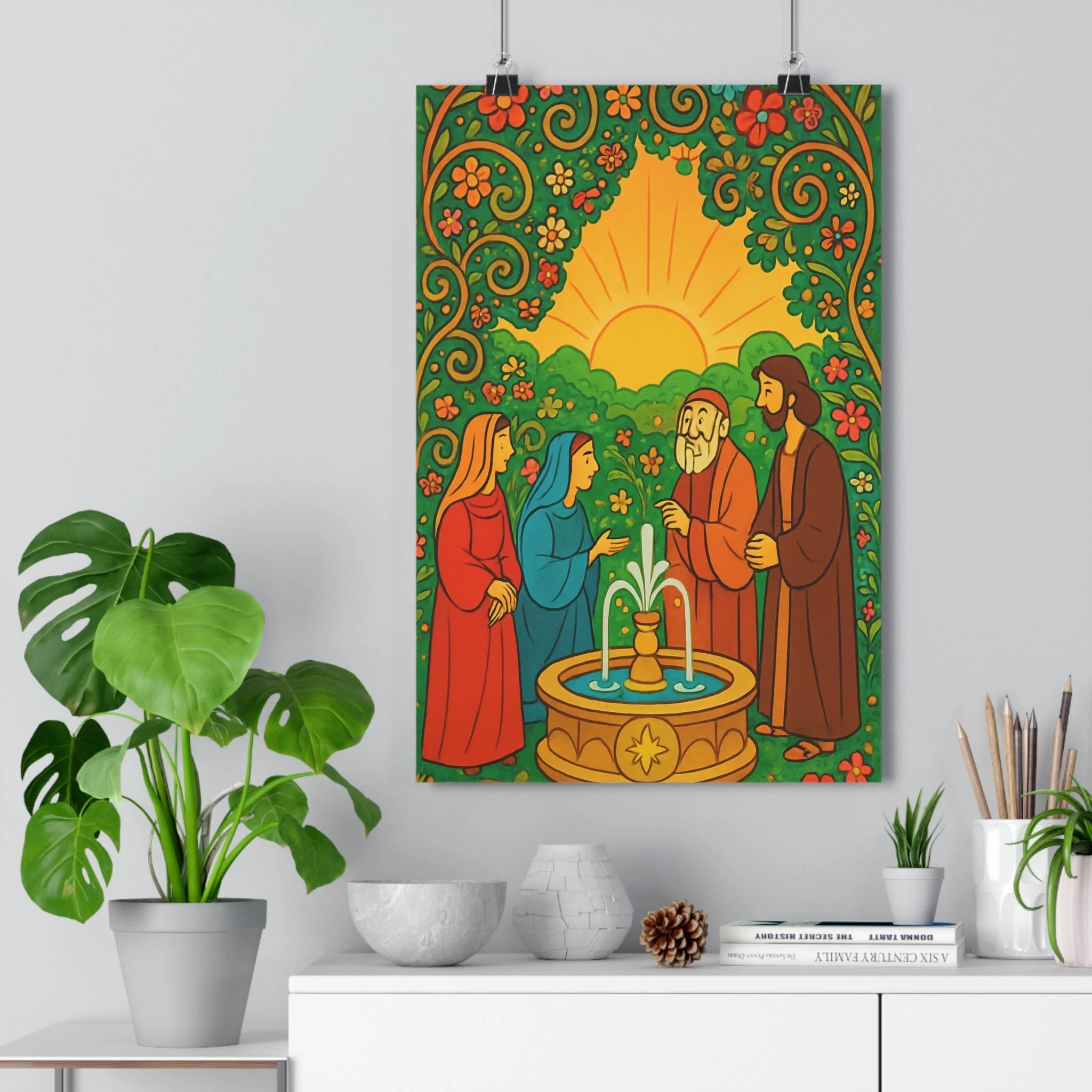 Poster décoratif vibrant vert orange bleu symétrie salon chambre paisible naturel artistique détaillé élégant