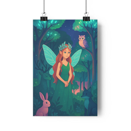 Poster féerie forêt nuit fée ailes verte robe animaux renard lapin hibou arbres feuilles lumineuse couleurs douces magique fantastique détails