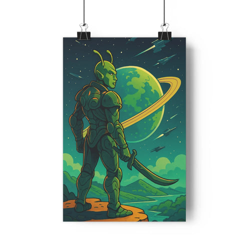 Poster alien armure epée montagne nuage planète anneau ciel bleu etoiles futuriste mystique chambre salon