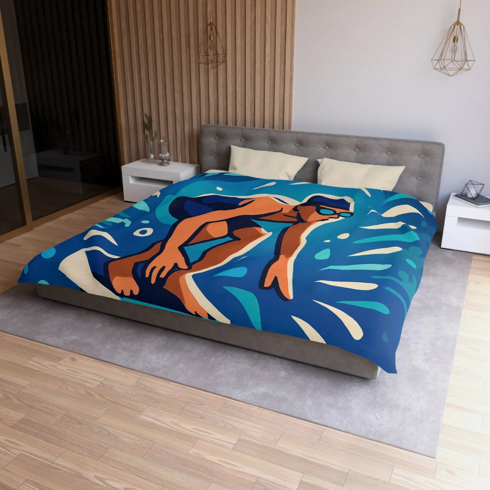 Housse de couette vibrante avec nageur prêt à plonger dans une piscine dynamique