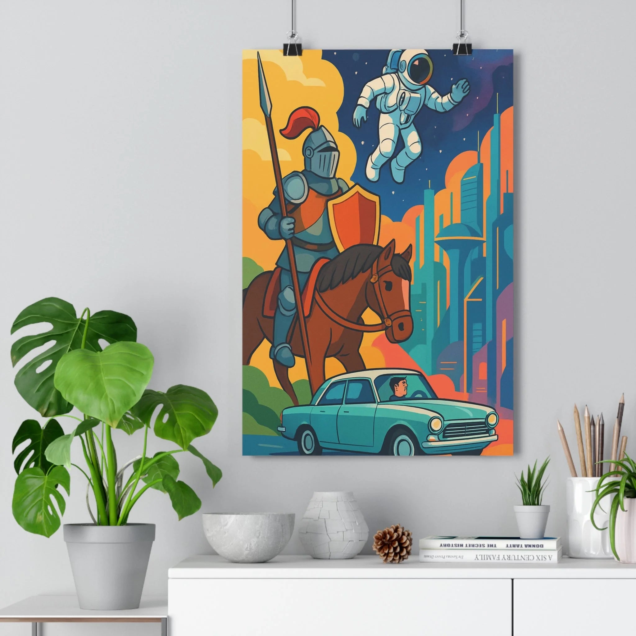 Poster décoratif chevalier astronaute voiture ancienne ville futuriste bleu orange vert aventure salon qualité