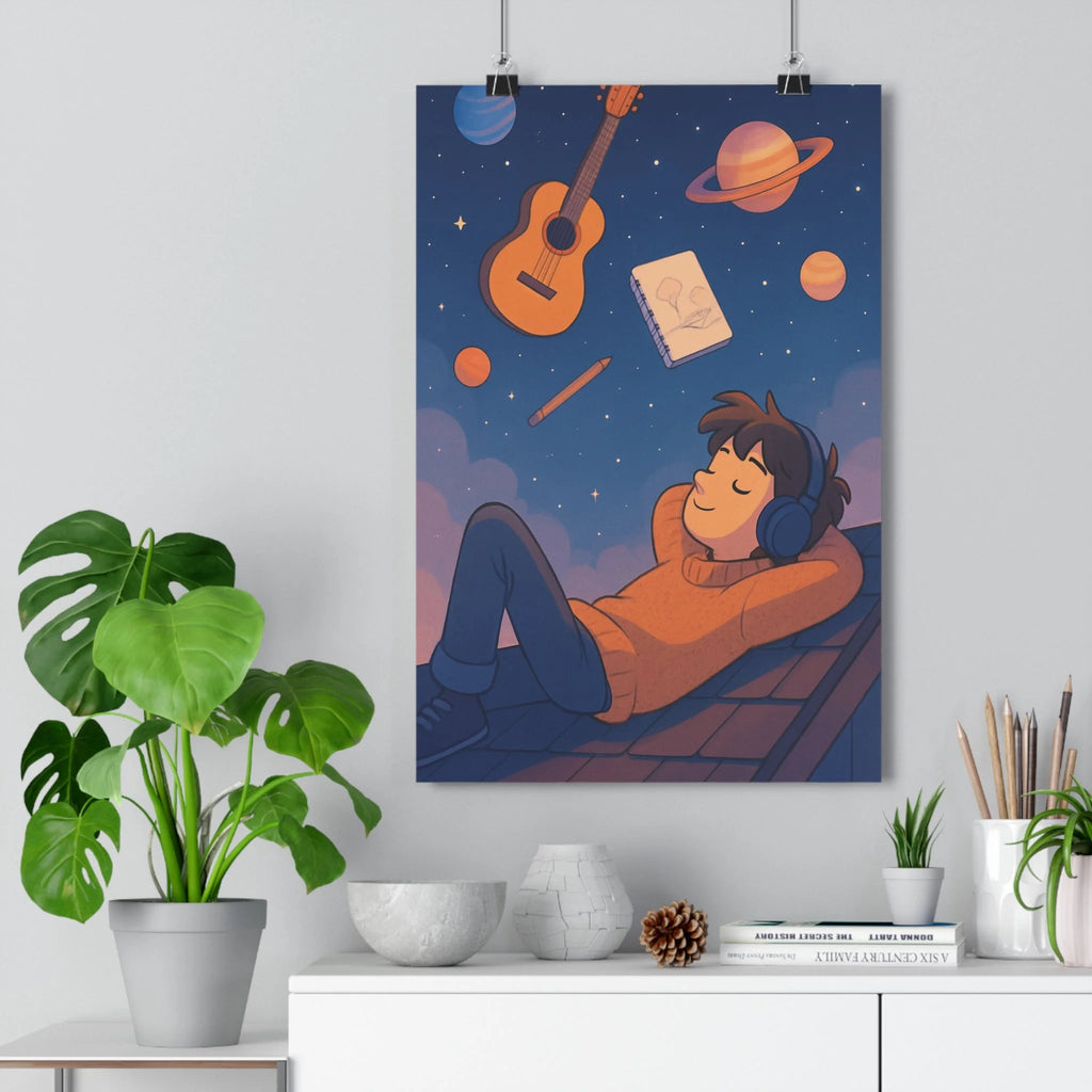 Poster décoratif rêveur adolescent musique bleu orange violet chambre créatif moderne artistique onirique apaisant