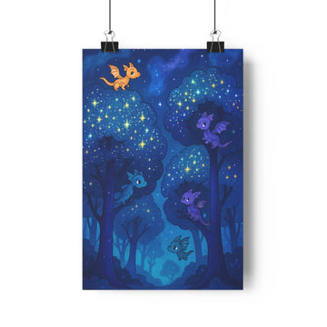 Poster forestier dragons lumineux étoiles dorées ambiance magique arbres silhouettes nuit calme fantastique chambre adolescente