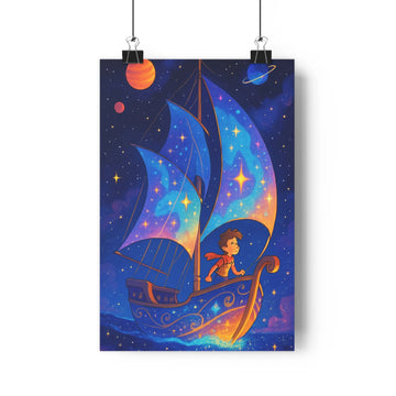 Poster décoratif espace étoilé bleu violet cartoon mystique chambre enfant aventure rêve artistique ambiance